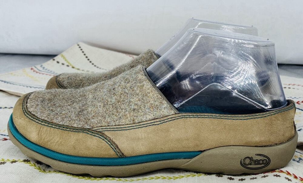 Chaco Sandstone Wool Leather Slip On Clogs Shoes Womens 7 EU 37.5 Teal Beige